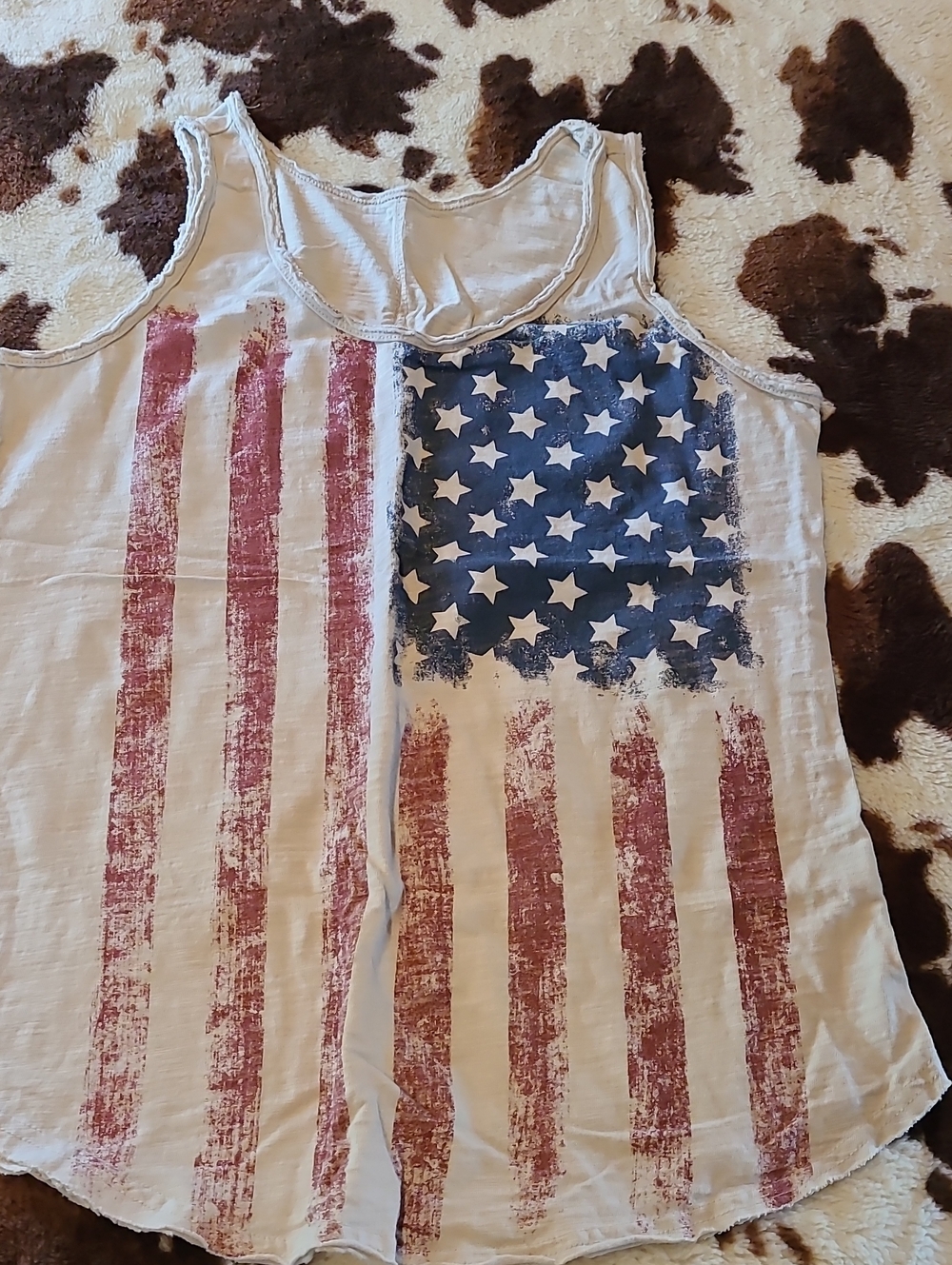 SHEIN Off White Tank Top with Distressed Red & Blue American Flag Print